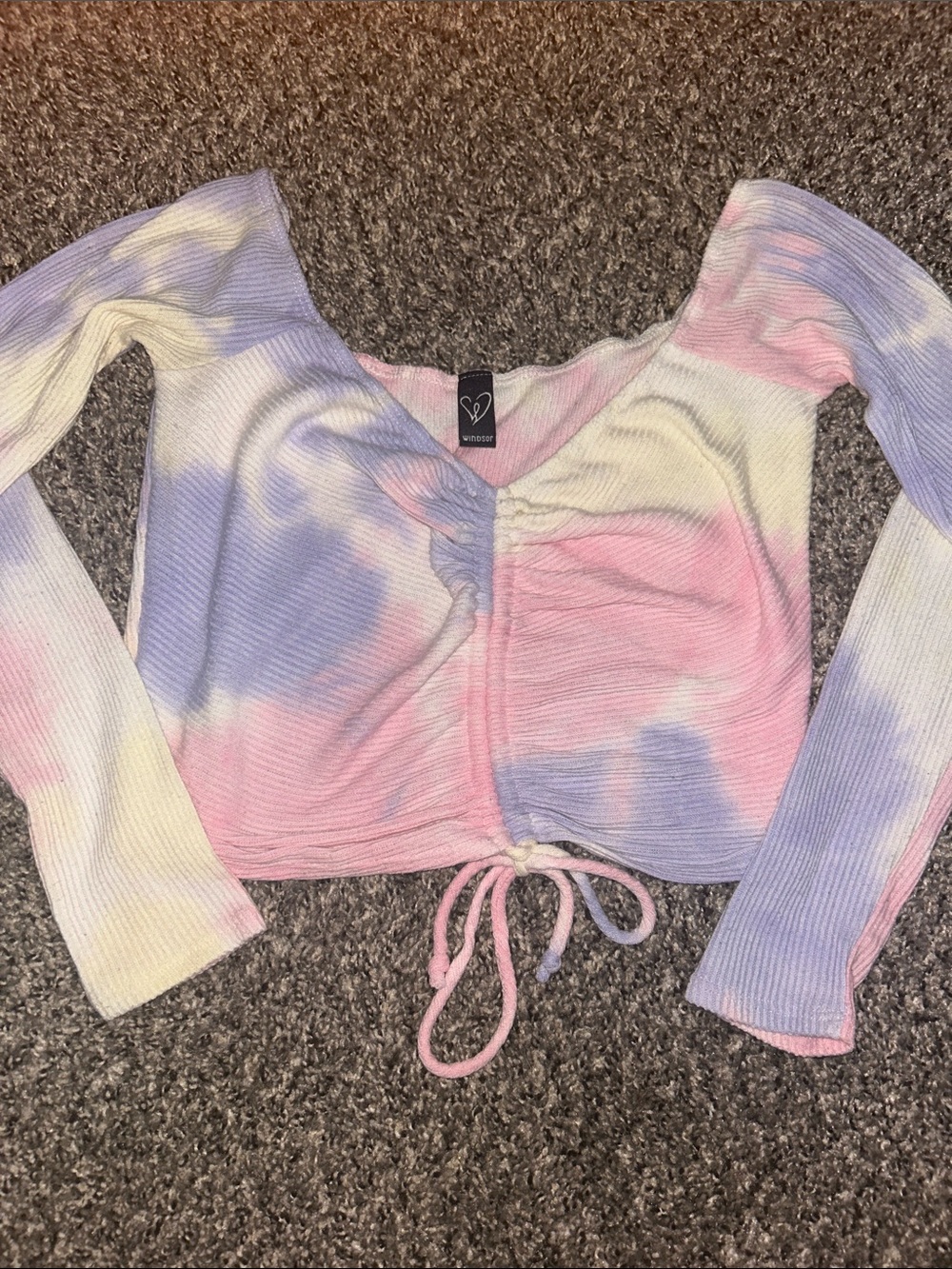 Windsor Pink Lavender Tie-Dye Ruched Drawstring Long Sleeve Crop Top